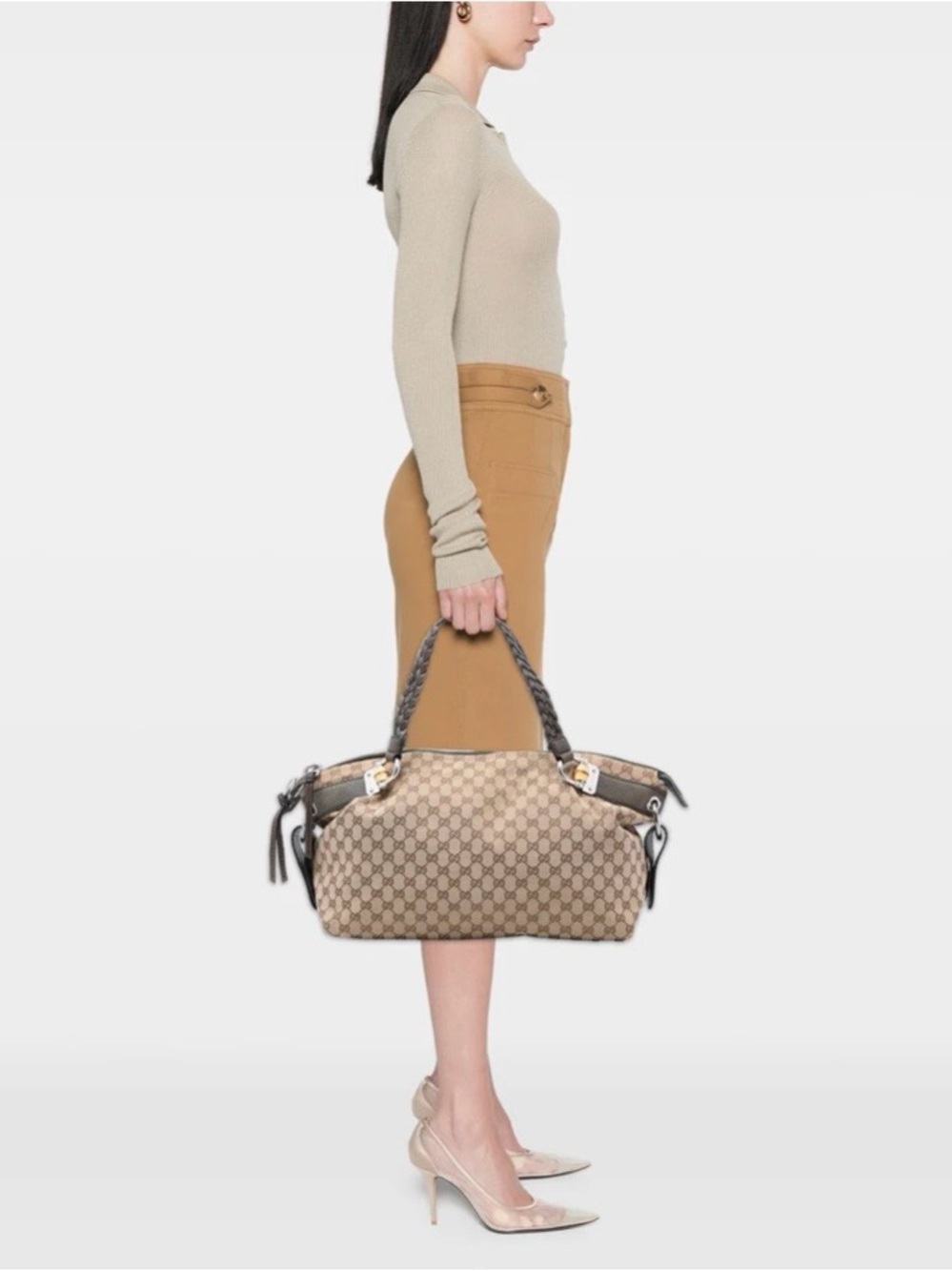 Gucci Medium Monogram GG Canvas Bamboo Bar Tote with Olive Leather Details